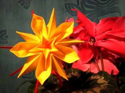 Fleur Origami Etoile Double Jaune à côté d'une vraie fleur